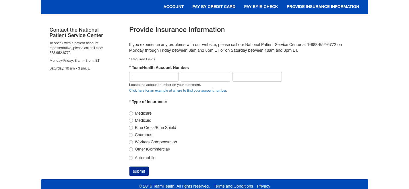 TeamHealth Provide Insurance Information